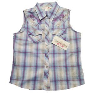 Ely Cattleman Girls Plaid Western Snap Shirt with Purple Floral Embroidery